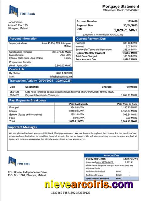 Malawi FDH Bank mortgage statement Word and PDF template